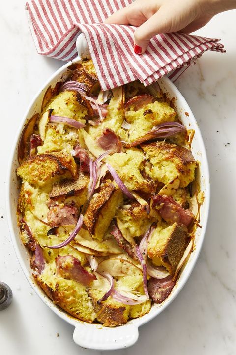 kids dinner ideas  ham, cheddar, and red onion bread pudding