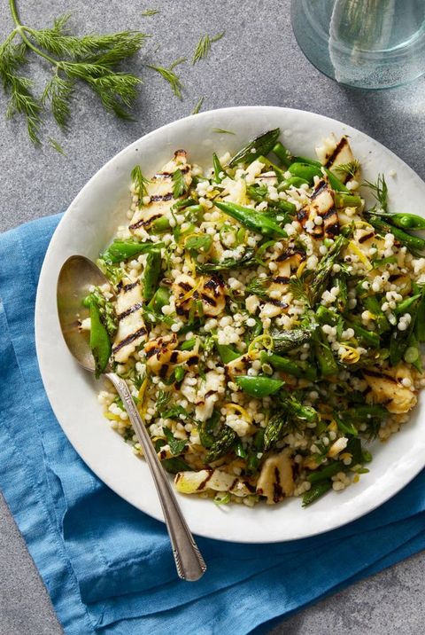 grilled haloumi tossed with israeli couscous and spring veggies recipe