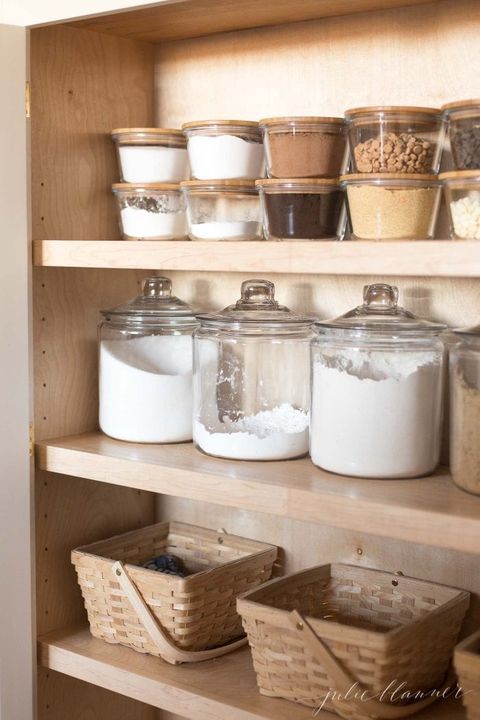 pantry organization ideas - glass jars and baskets