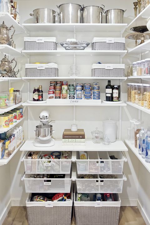 pantry organization ideas - white baskets and bins