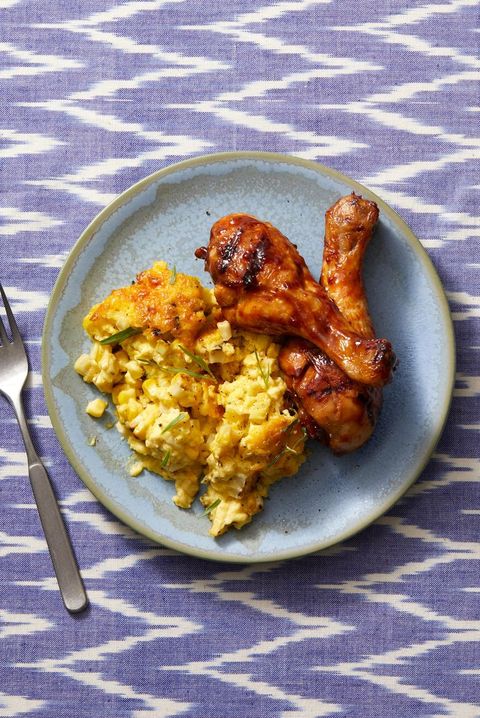 grilled chicken drumsticks with charred corn pudding